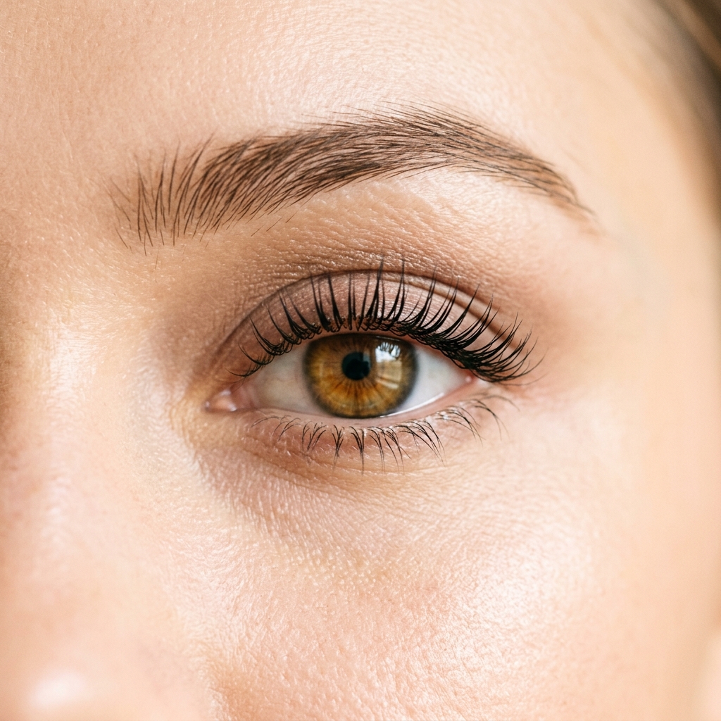 Close-up of a hazel eye with lifted, defined lashes under a groomed brow