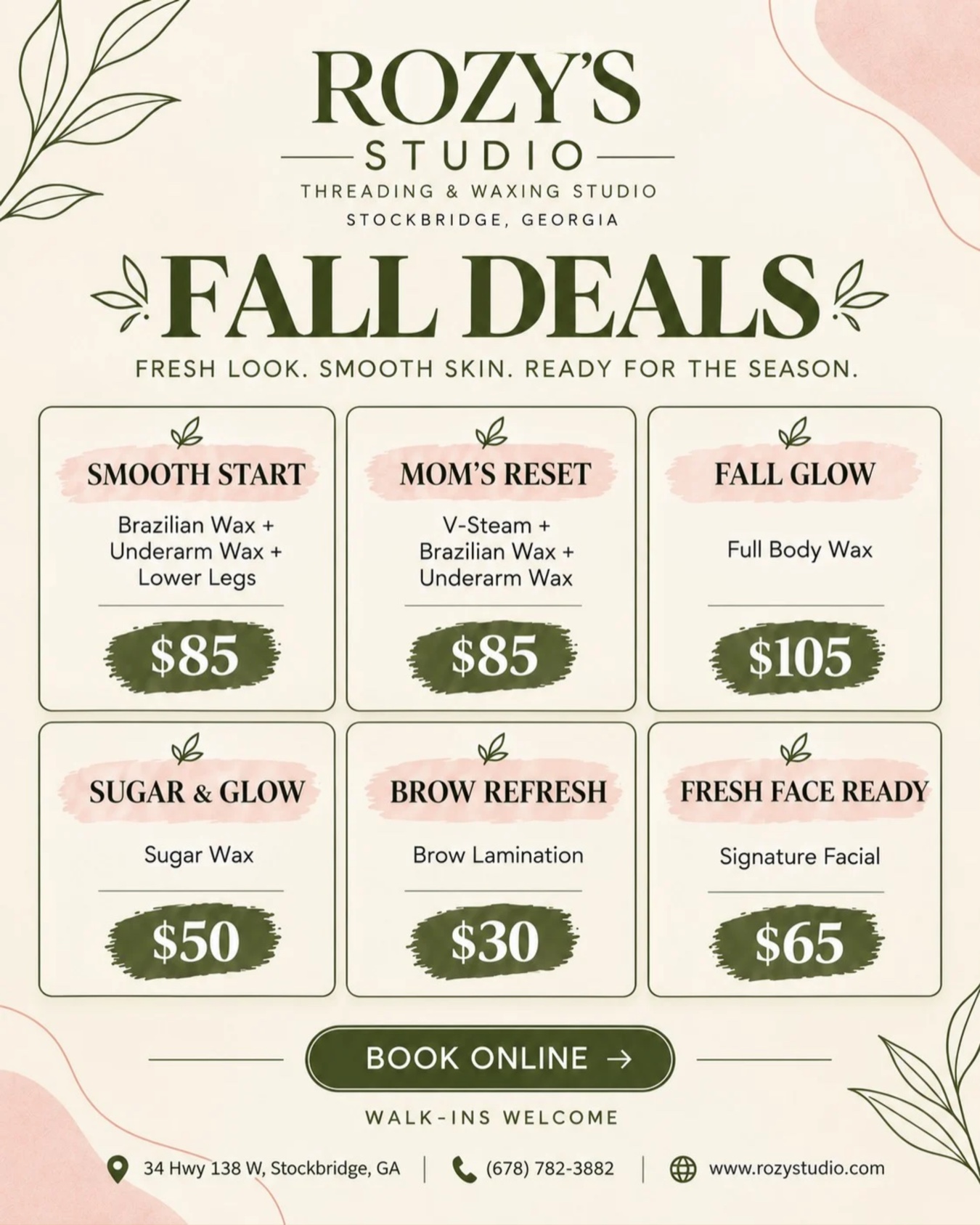 Rozy's Studio Fall Deals flyer for the Stockbridge, Georgia studio